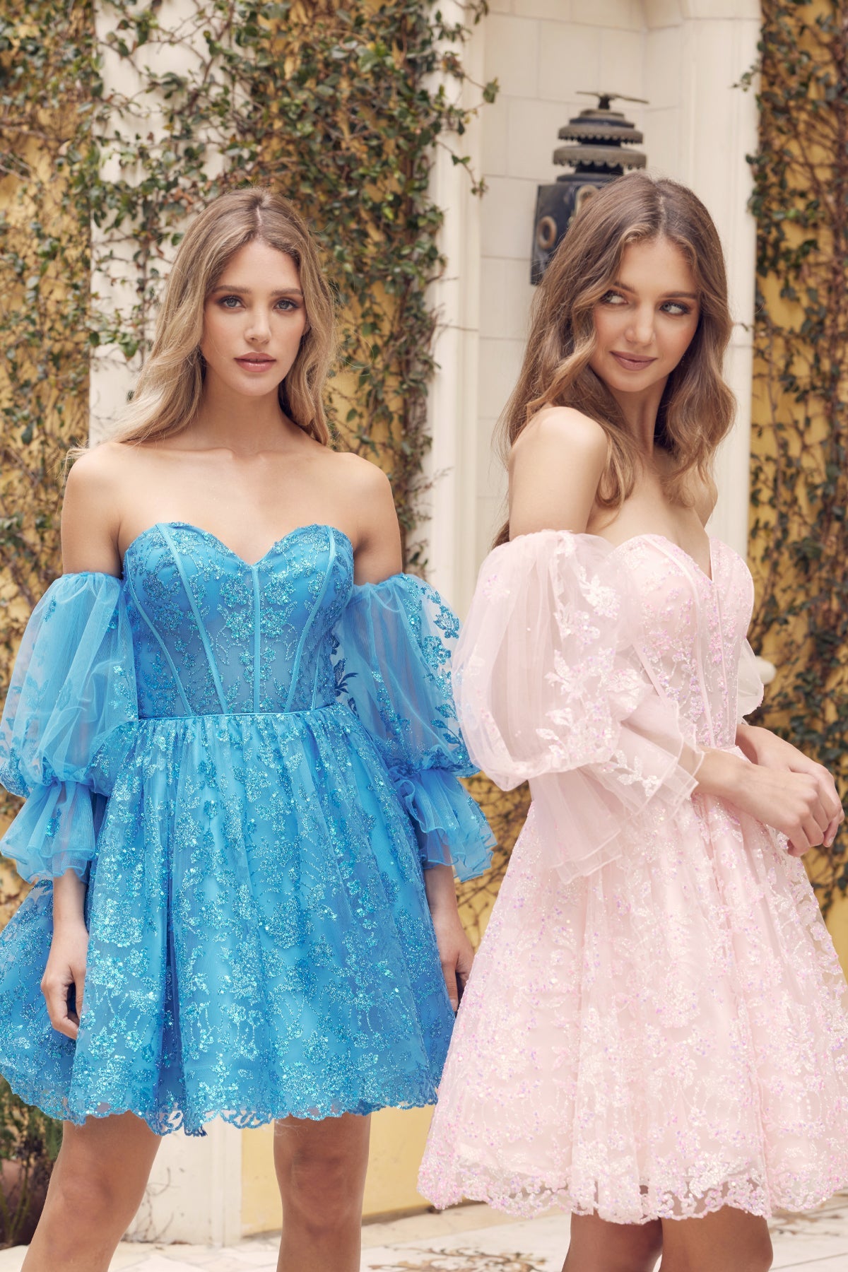 Formal Cocktail Gown w/ Puff Sleeves & Glitter Corset Bodice JT895