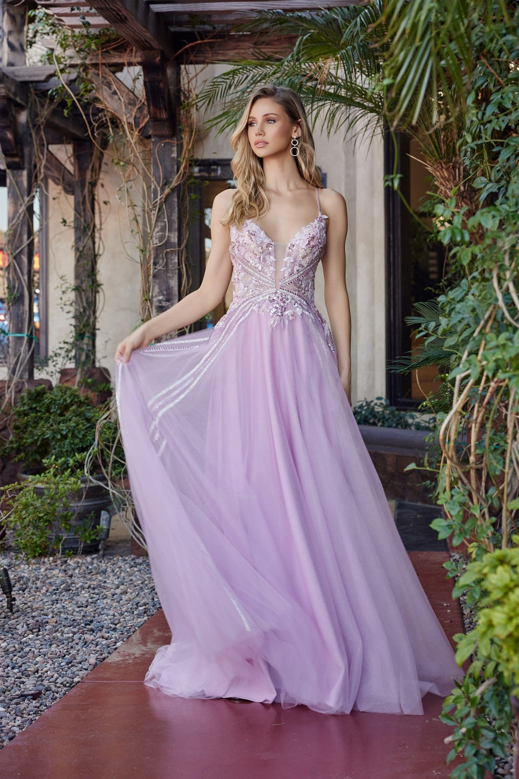 Formal Sleeveless Graduation Gown w/ Floral Motif & Lace up Back NXG1795