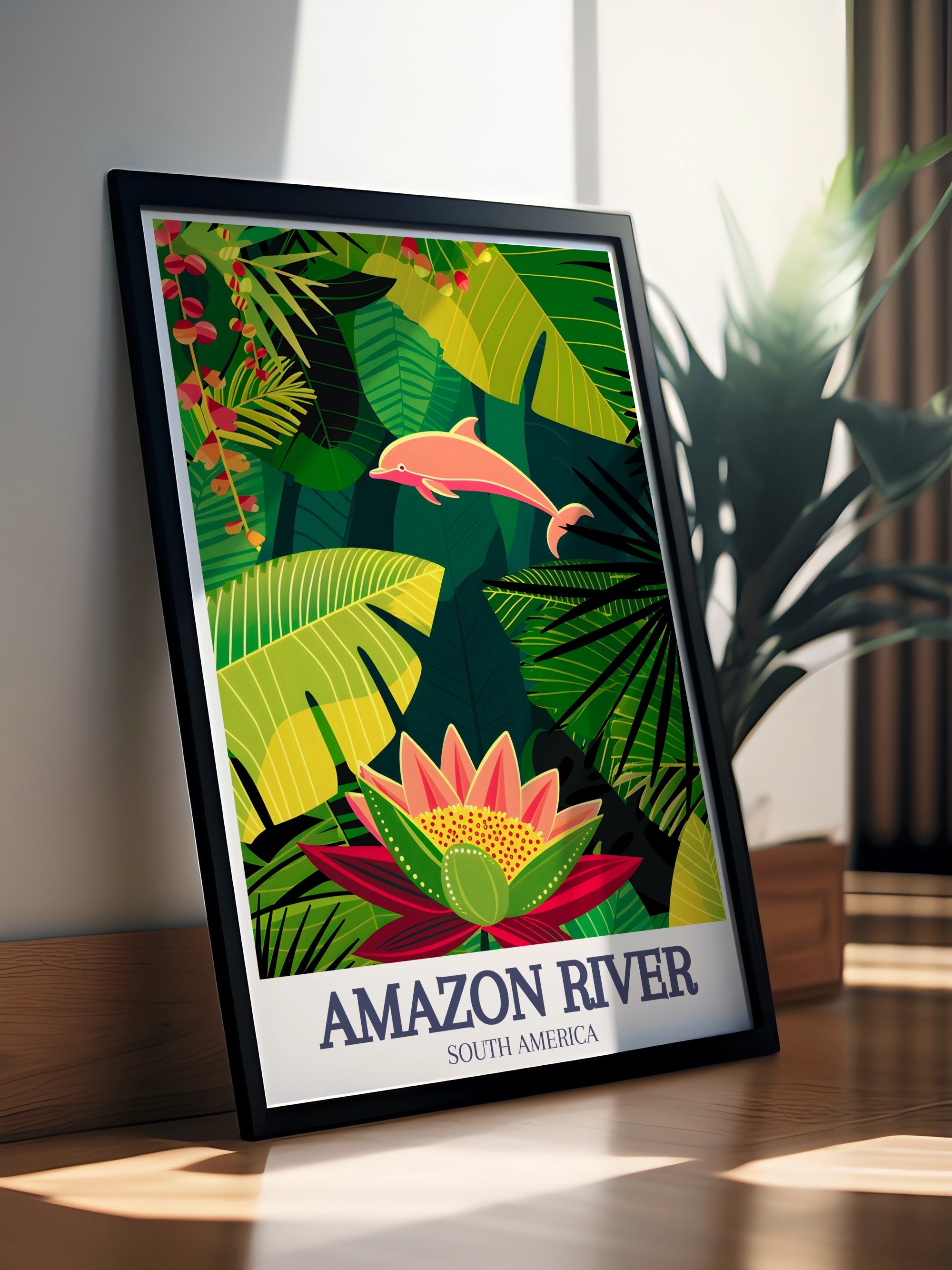 Amazon River Art - Victoria Regia water lily and Amazon river dolphin Home Decor - Brazil Living Room Decor