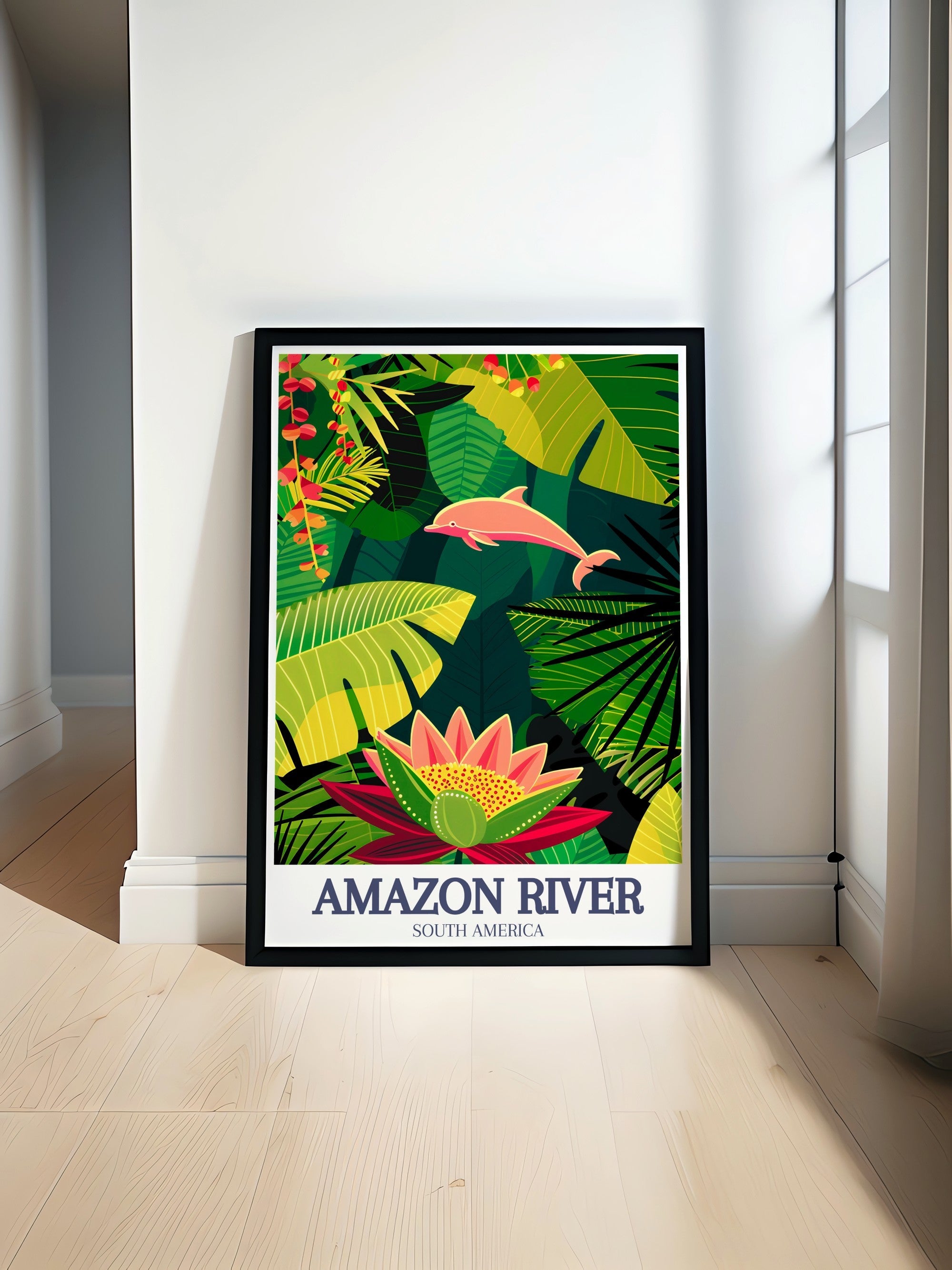 Amazon River Art - Victoria Regia water lily and Amazon river dolphin Home Decor - Brazil Living Room Decor