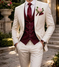 Ivory Burgundy 3 Piece Tuxedo Suit | Custom Shawl Lapel Wedding Prom Dinner Jacket