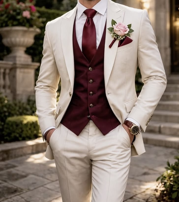 Ivory Burgundy 3 Piece Tuxedo Suit | Custom Shawl Lapel Wedding Prom Dinner Jacket