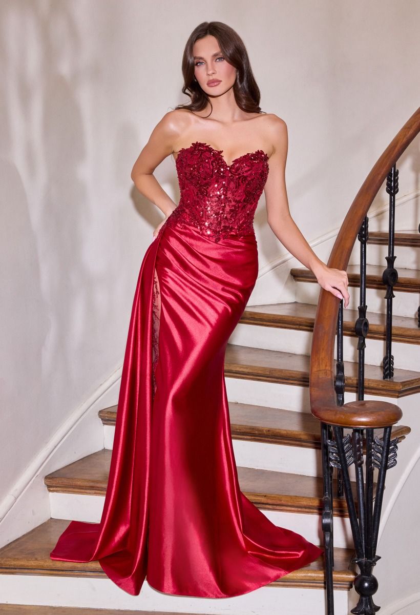 Sequins Embellished Long Graduation Gown w/ Corset Bodice & Side Drape CDCDS565