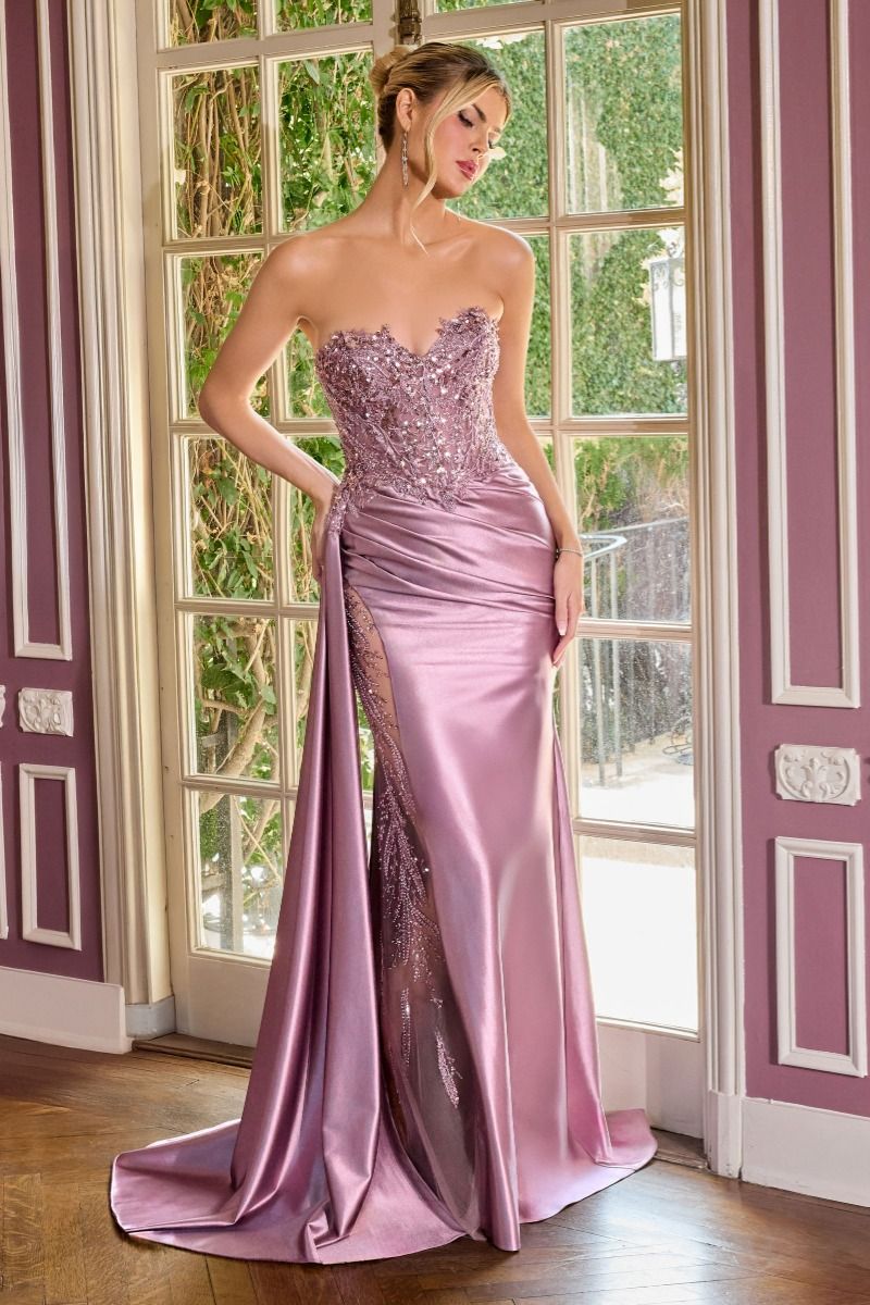 Sequins Embellished Long Graduation Gown w/ Corset Bodice & Side Drape CDCDS565