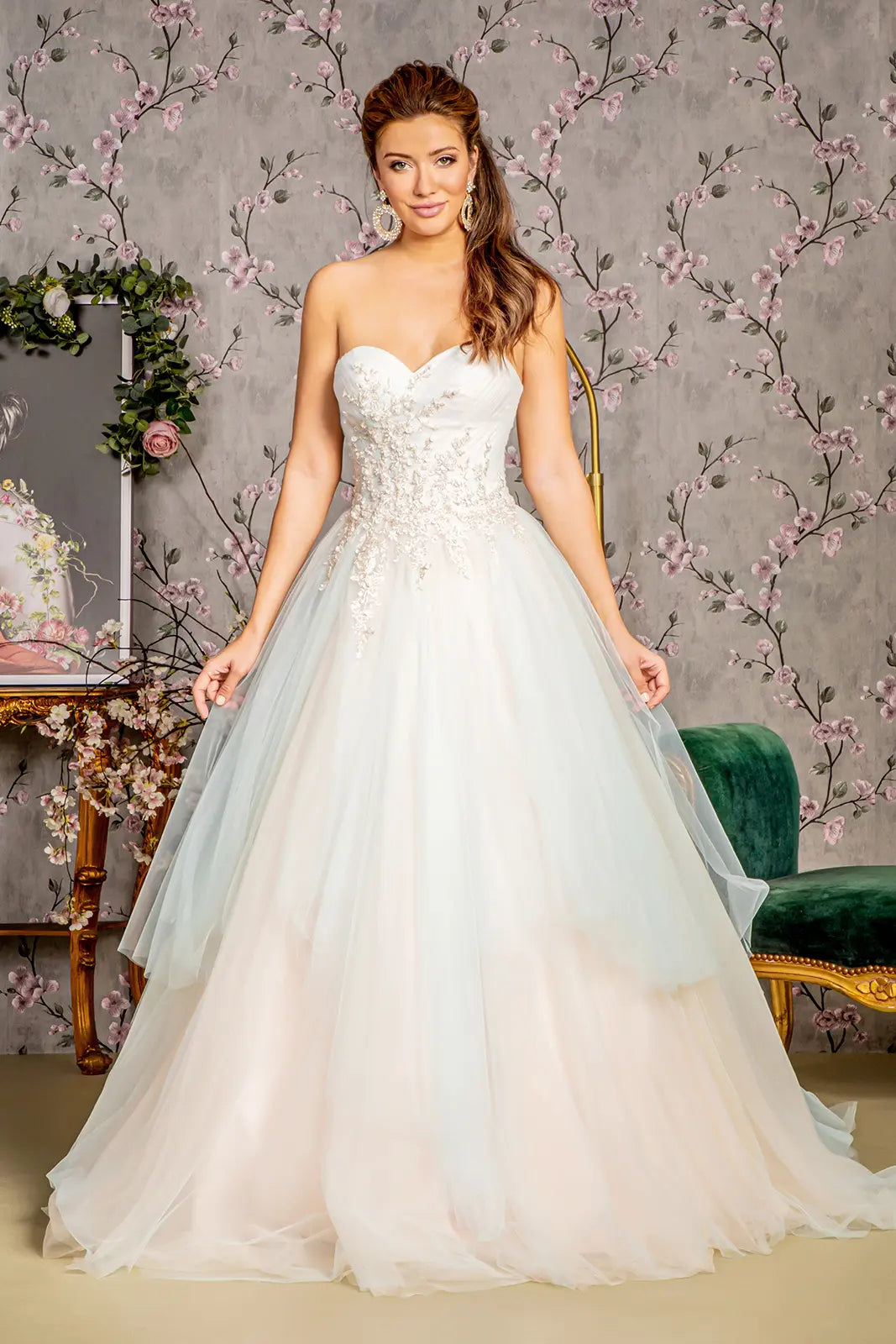 Sweethearted strapless mesh layered a line prom dress GLGL3244