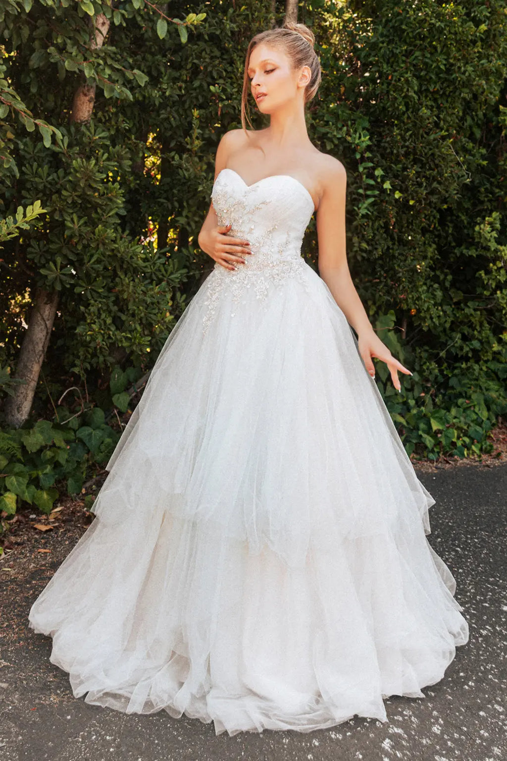Sweethearted strapless mesh layered a line prom dress GLGL3244