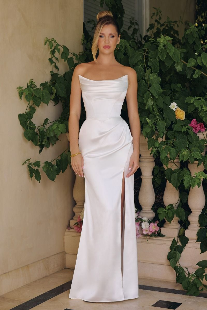 Off The Shoulder Soft Satin Wedding Gown w/ Draped Scoop Neckline CDT820W
